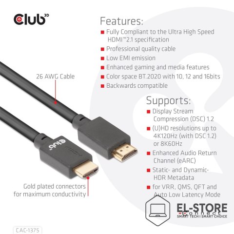 Club 3D Kabel Club3D CAC-1375 (Ultra High Speed HDMI™ Certified Cable 4K120Hz 8K60Hz 48Gbps M/M 5m)
