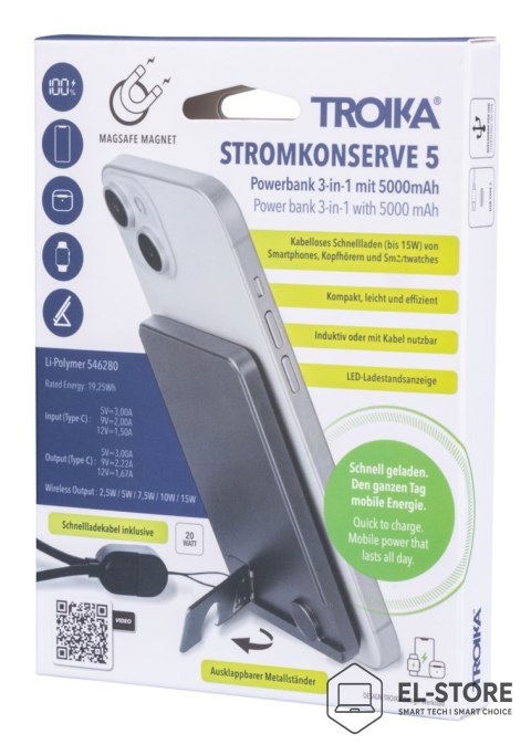No name TROIKA POP50 5000 mAh Bezprzewodowe ładowanie Szary, Czarny