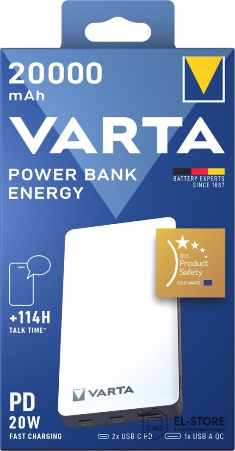 VARTA Varta Energy 20000 Litowo-polimerowy (LiPo) 20000 mAh Czarny, Biały