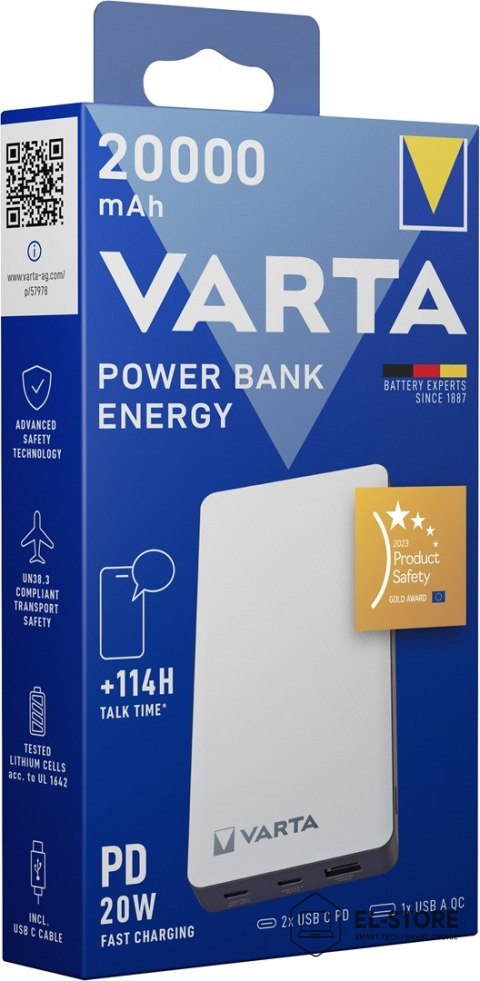 VARTA Varta Energy 20000 Litowo-polimerowy (LiPo) 20000 mAh Czarny, Biały