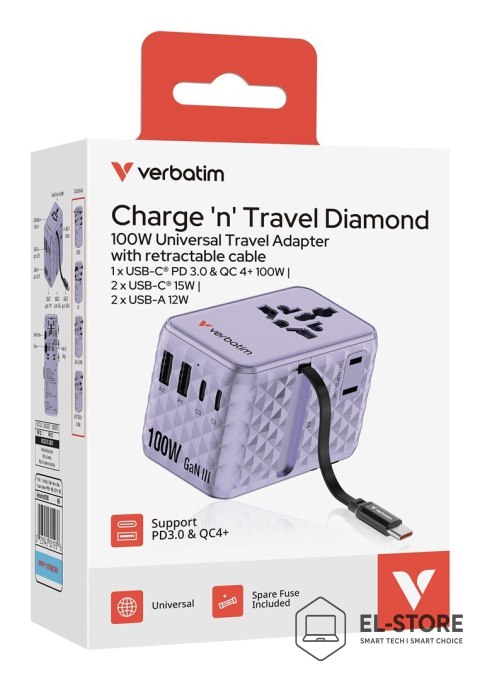 Verbatim Uniwersalny zasilacz podróżny Verbatim Charge 'N' Travel 100 W z wysuwanym kablem fioletowy