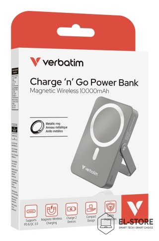 Verbatim Verbatim Charge 'n' Go Magnetic Wireless Litowo-polimerowy (LiPo) 10000 mAh Bezprzewodowe ładowanie Szary