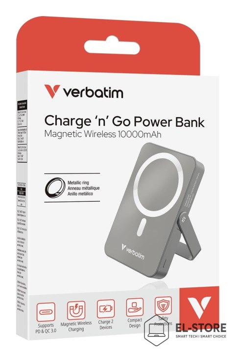 Verbatim Verbatim Charge 'n' Go Magnetic Wireless Litowo-polimerowy (LiPo) 10000 mAh Bezprzewodowe ładowanie Szary