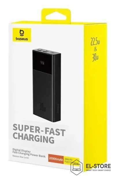 Baseus Powerbank Baseus Star-Lord 20000mAh 30W z wyświetlaczem i kablem Baseus Simple USB-A - USB-C 3A 30cm - czarny