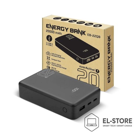 EverActive EVERACTIVE POWERBANK 20 000MAH, 1X USB, 2X USB-C, 20W, QC4+, WYŚWIETLACZ LCD, CZARNY EB-22QB