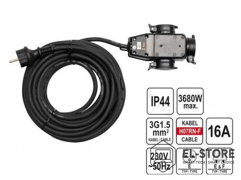 YATO Yato YT-81162 rozgałęziacz 20 m 3 x gniazdo sieciowe Wewnątrz/Na wolnym powietrzu Czarny