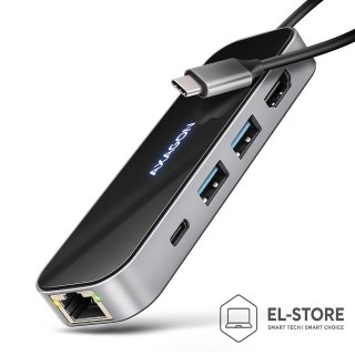 AXAGON AXAGON HMC-6GLN Hub USB, 2x USB-A, 1x USB-C, 1x HDMI 2.0, 1x RJ45, 100 W PD - srebrny
