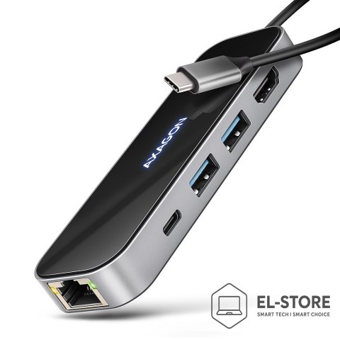 AXAGON AXAGON HMC-6GLN Hub USB, 2x USB-A, 1x USB-C, 1x HDMI 2.0, 1x RJ45, 100 W PD - srebrny