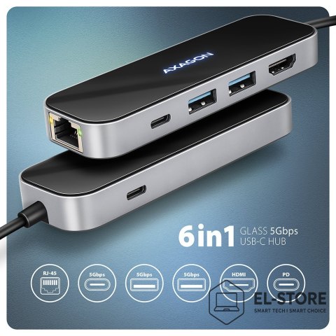AXAGON AXAGON HMC-6GLN Hub USB, 2x USB-A, 1x USB-C, 1x HDMI 2.0, 1x RJ45, 100 W PD - srebrny