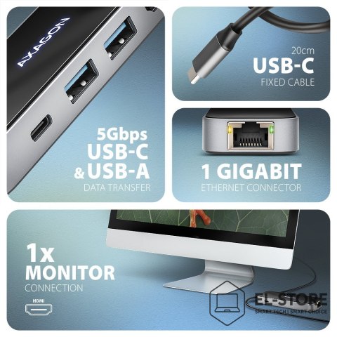 AXAGON AXAGON HMC-6GLN Hub USB, 2x USB-A, 1x USB-C, 1x HDMI 2.0, 1x RJ45, 100 W PD - srebrny