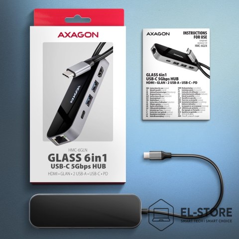 AXAGON AXAGON HMC-6GLN Hub USB, 2x USB-A, 1x USB-C, 1x HDMI 2.0, 1x RJ45, 100 W PD - srebrny