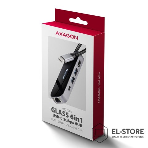 AXAGON AXAGON HMC-6GLN Hub USB, 2x USB-A, 1x USB-C, 1x HDMI 2.0, 1x RJ45, 100 W PD - srebrny