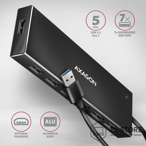 AXAGON Axagon HUE-F7A 7x USB 3.2 Gen 1 ALU FLAT hub micro power IN 1m USB-A USB 3.2 Gen 1 (3.1 Gen 1) Type-A 5000 Mbit/s Czarny