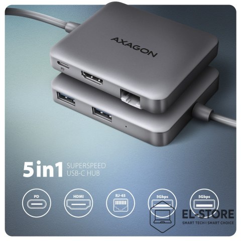 AXAGON Axagon N HMC-5HL USB 5Gbps hub 2x USB-A HDMI 4k/60Hz RJ-45 GLAN PD 100W kabel USB-C Przewodowa USB 3.2 Gen 1 (3.1 Gen 1) Type-C 