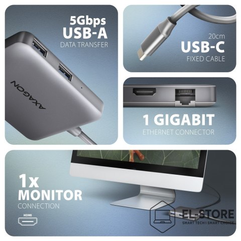 AXAGON Axagon N HMC-5HL USB 5Gbps hub 2x USB-A HDMI 4k/60Hz RJ-45 GLAN PD 100W kabel USB-C Przewodowa USB 3.2 Gen 1 (3.1 Gen 1) Type-C 
