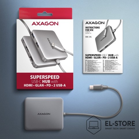 AXAGON Axagon N HMC-5HL USB 5Gbps hub 2x USB-A HDMI 4k/60Hz RJ-45 GLAN PD 100W kabel USB-C Przewodowa USB 3.2 Gen 1 (3.1 Gen 1) Type-C 
