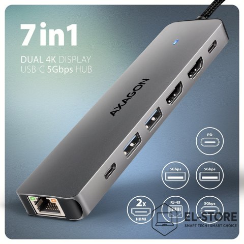 AXAGON Hub USB Axagon HMC-7HX2 USB 3.2 Gen 1 (3.1 Gen 1) Type-C Szary