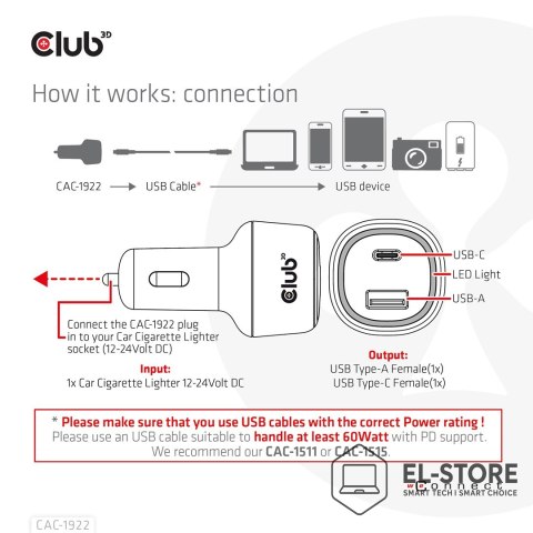Club 3D CLUB3D CAC-1922 ładowarka do urządzeń przenośnych Laptop Czarny Zapalniczka Automatyczna