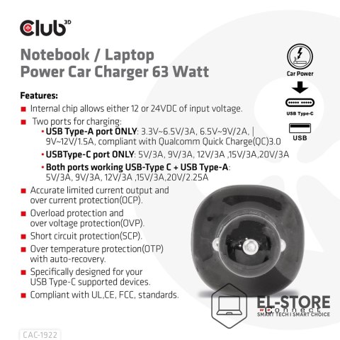 Club 3D CLUB3D CAC-1922 ładowarka do urządzeń przenośnych Laptop Czarny Zapalniczka Automatyczna