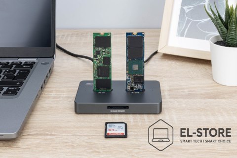 DIGITUS Stacja dokująca USB-C 3.2 Gen2 dla dysków SSD M.2 Duo NVMe oraz SATA (max. 2x 4 TB) z czytnikiem kart SD-Express 7.1 (max. 2 TB)