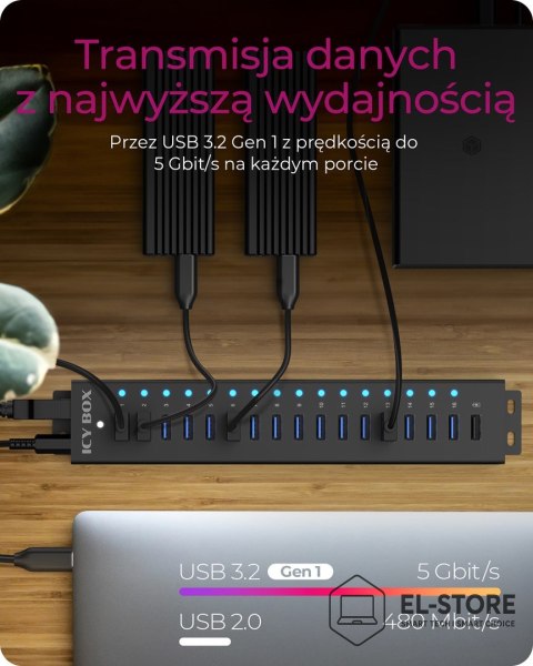 No name ICY BOX IB-HUB1717-U3 USB 3.2 Gen 1 (3.1 Gen 1) Type-A 5000 Mbit/s Czarny