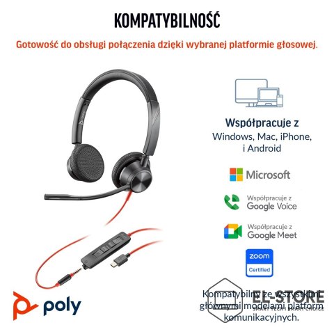 POLY Poly Blackwire 3325 Stereo Microsoft Teams Certified USB-C Headset +3.5mm Plug +USB-C/A Adapter