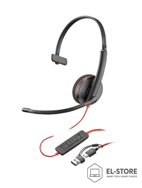 POLY Poly Blackwire 3210 Monaural USB-C Headset +USB-C/A Adapter