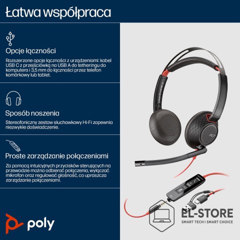 POLY Poly Blackwire 5220 Stereo USB-C Headset +3.5mm Plug +USB-C/A Adapter