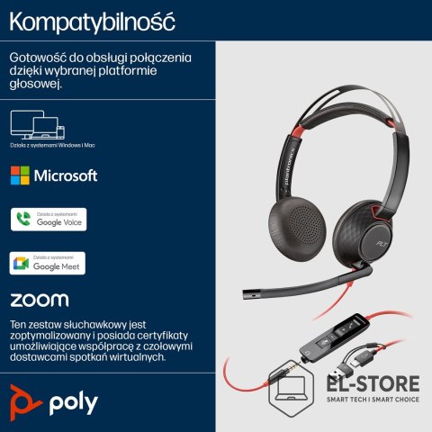 POLY Poly Blackwire 5220 Stereo USB-C Headset +3.5mm Plug +USB-C/A Adapter