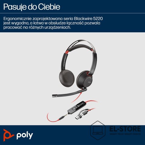 POLY Poly Blackwire 5220 Stereo USB-C Headset +3.5mm Plug +USB-C/A Adapter