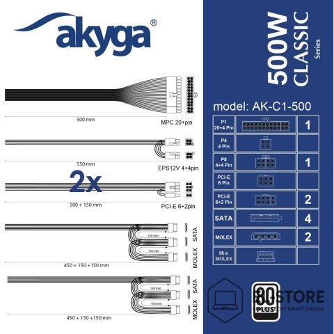 Akyga Akyga AK-C1-500 moduł zasilaczy 468 W 24-pin ATX ATX Czarny
