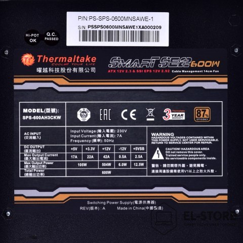 Thermaltake Zasilacz Thermaltake Smart SE2 600W PS-SPS-0600MNSAWE-1 (600 W; Aktywne; 120 mm)