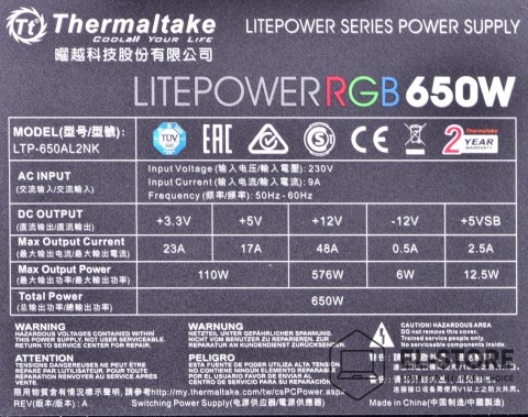Thermaltake Zasilacz Thermaltake Litepower RGB PS-LTP-0650NHSANE-1 (650 W; Aktywne; 120 mm)