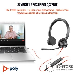 POLY HP Poly Zestaw słuchawkowy stereo Poly Blackwire 3325 USB-C z certyfikatem Microsoft Teams + wtyczka 3,5 mm + przejściówka USB-C