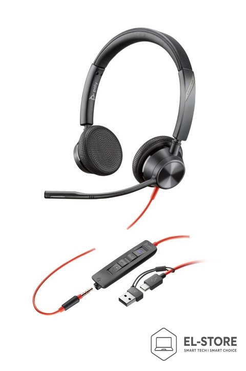 POLY HP Poly Zestaw słuchawkowy stereo Poly Blackwire 3325 USB-C z certyfikatem Microsoft Teams + wtyczka 3,5 mm + przejściówka USB-C