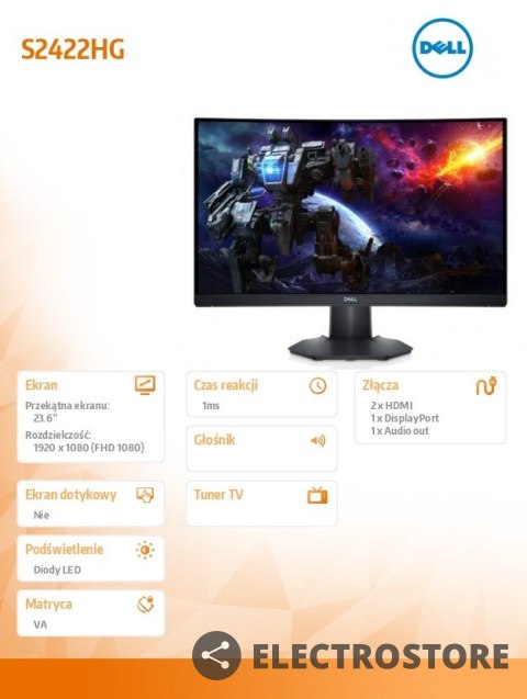 Dell Monitor S2422HG 23,6 cali LED Curved 1920x1080/DP/HDMI Dell Monitor S2422HG 23,6 cali LED Curved 1920x1080/DP/HDMI