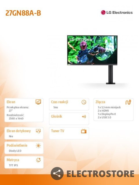 LG Electronics Monitor 27GN88A-B 27 cali Ultra Gear QHD 144Hz Nano IPS 1ms Ergo Gaming LG Electronics Monitor 27GN88A-B 27 cali Ultra Gear QHD 144Hz Nano IPS 1ms Ergo Gaming