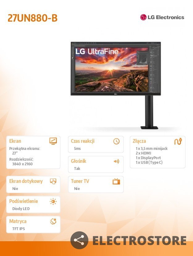 LG Electronics Monitor 27UN880-B 27 cali UHD 4K Ergo USB-C LG Electronics Monitor 27UN880-B 27 cali UHD 4K Ergo USB-C