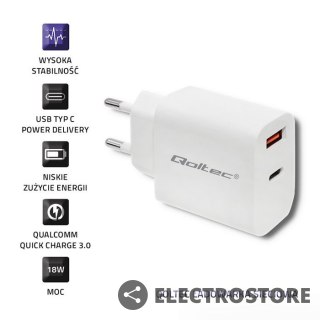 Qoltec Ładowarka sieciowa | 18W | 5-12V | 1.5-3A | USB typ C PD | USB QC 3.0 | Biała
