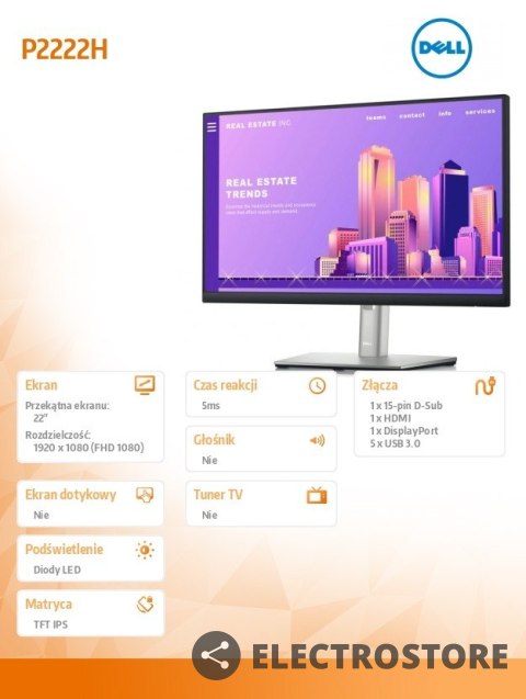 Dell Monitor P2222H 22 cali LED IPS 16:9/1920x1080/DP/VGA/3Y Dell Monitor P2222H 22 cali LED IPS 16:9/1920x1080/DP/VGA/3Y