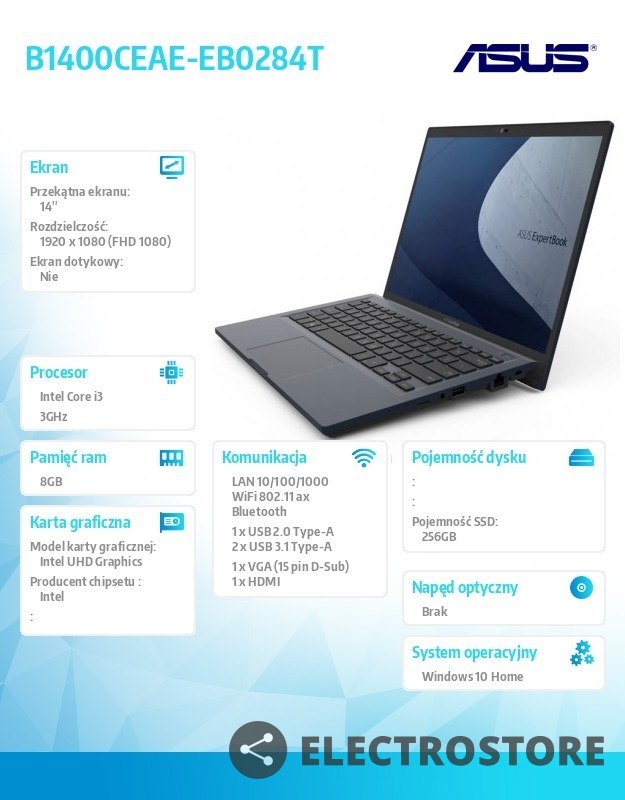 Asus Notebook B1400CEAE-EB0284T i3 1115G4 8/256/integ/14" FHD/W10 Home, 36 miesięcy ON-SITE NBD