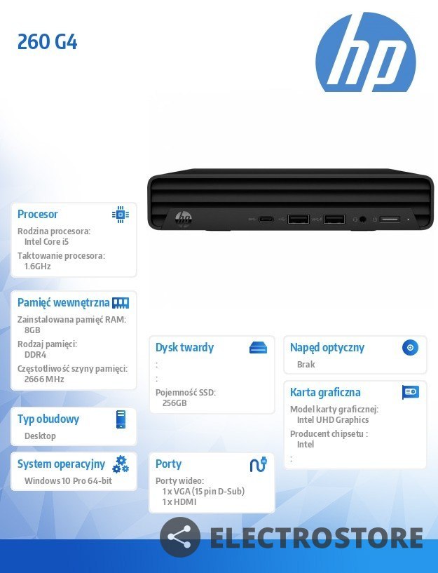 HP Inc. Desktop MiniPC 260DM G4 i5-10210U 256/8GB/W10P 23H36EA