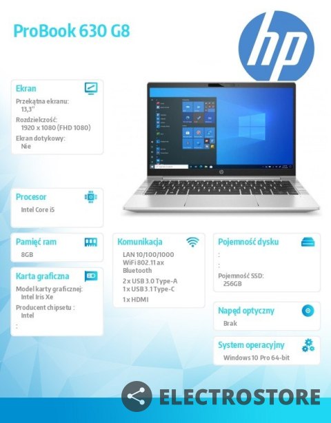 HP Inc. Notebook ProBook 630 G8 i5-1135G7 256/8G/W10P/13,3 3S8N4EA HP Inc. Notebook ProBook 630 G8 i5-1135G7 256/8G/W10P/13,3 3S8N4EA