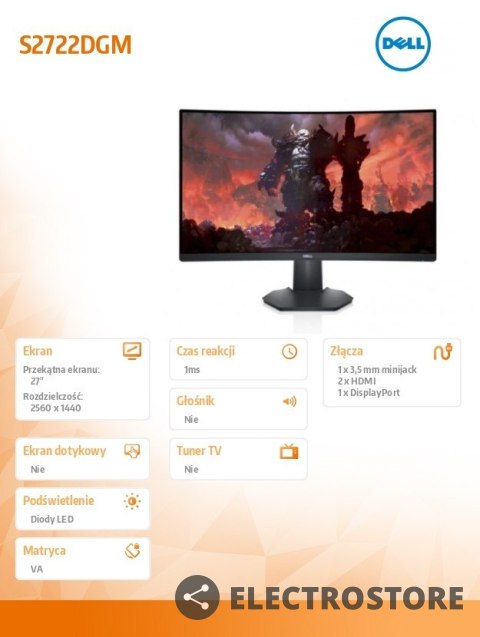 Dell Monitor S2722DGM 27 cali VA 2560x1440/2xHDMI/DP/3Y Dell Monitor S2722DGM 27 cali VA 2560x1440/2xHDMI/DP/3Y