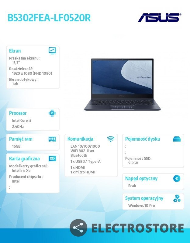 Asus Notebook Asus ExpertBook B5302FEA-LF0520R i5 1135G7 16/512/int/13/ Win 10 PRO ; 36 miesięcy ON-SITE NBD