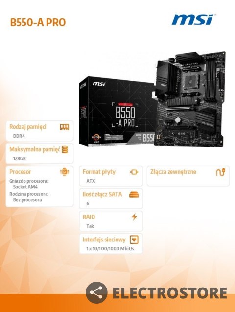 MSI Płyta główna B550 A-PRO AM4 4DDR4 HDMI/DP M.2 ATX MSI Płyta główna B550 A-PRO AM4 4DDR4 HDMI/DP M.2 ATX