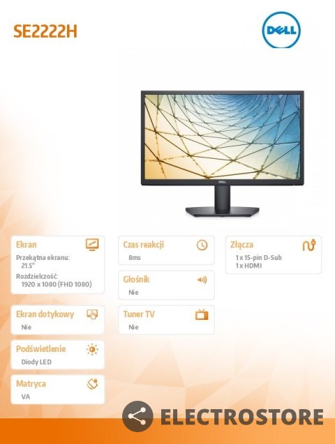 Dell Monitor SE2222H 21,5 cali LED 1920x1080/HDMI/VGA/3Y Dell Monitor SE2222H 21,5 cali LED 1920x1080/HDMI/VGA/3Y