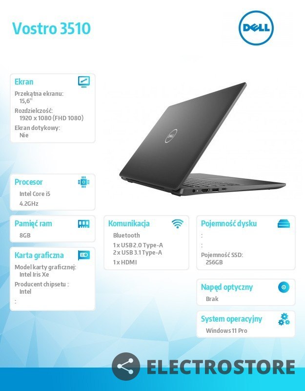 Dell Notebook Vostro 3510 Win10/11Pro i5-1135G7/8GB/256GB SSD/15.6 FHD/Intel Iris Xe/FgrPr/Cam & Mic/WLAN + BT/Backlit Kb/3 Cell/3Y B