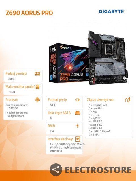 Gigabyte Płyta główna Z690 AORUS PRO s1700 4DDR5 DP M.2 ATX Gigabyte Płyta główna Z690 AORUS PRO s1700 4DDR5 DP M.2 ATX