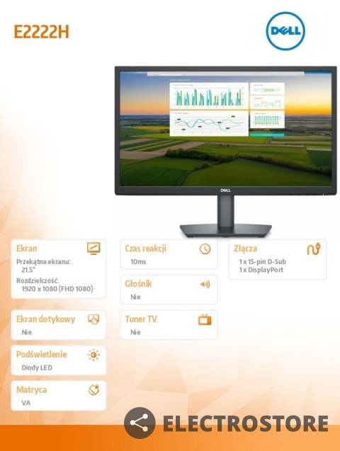 Dell Monitor E2222H 21,5 cali LED 1920x1080/VGA/DP/3Y Dell Monitor E2222H 21,5 cali LED 1920x1080/VGA/DP/3Y